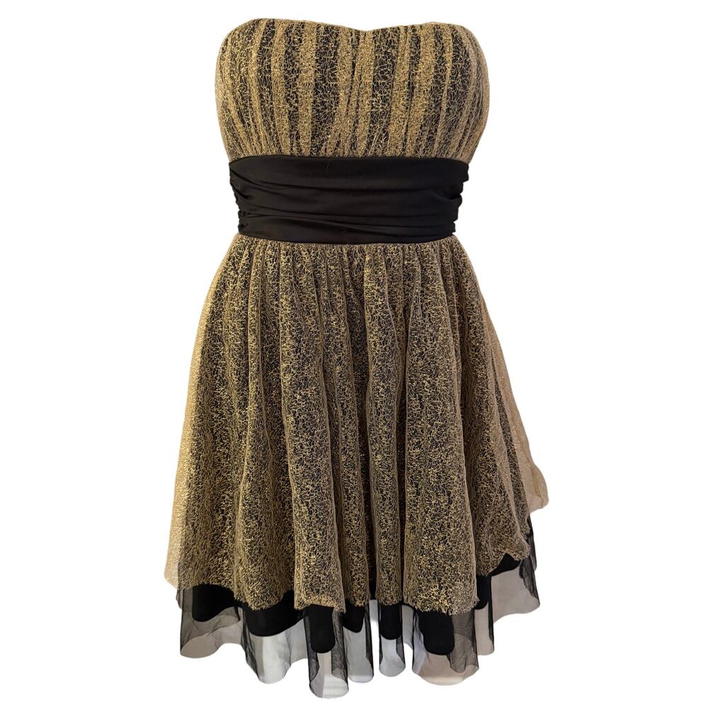 Mystic Strapless Gold Lace Cocktail Dress Black Sash Belt Fit & Flare Bow Small